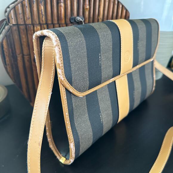 FENDI VTG 80s Pequin Stripe Cognac Saddle Flap Shoulder Bag Convertible Clutch - Picture 5 of 16